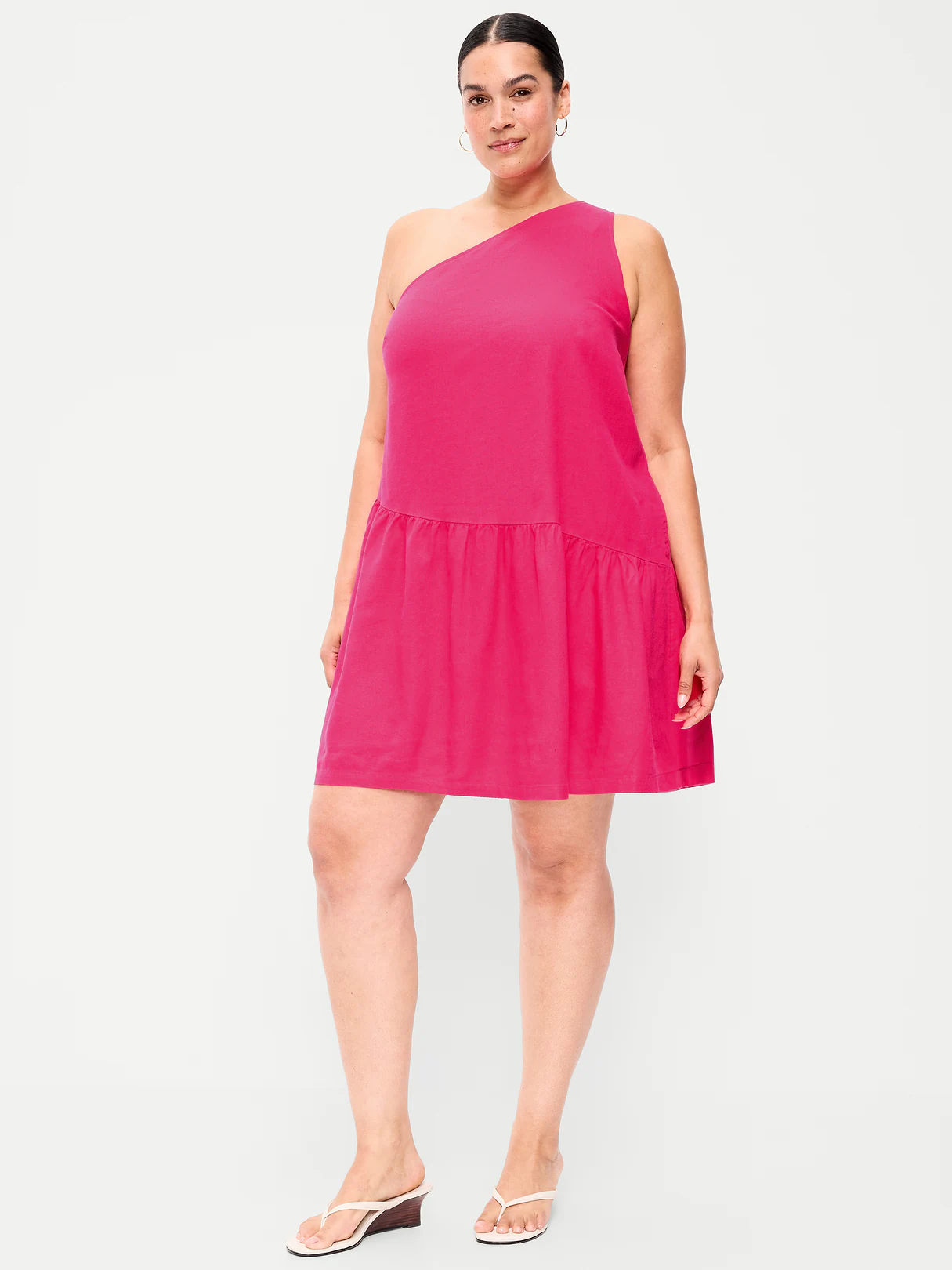 One-Shoulder Asymmetrical Linen-Blend Mini Dress - Bright Scarlet