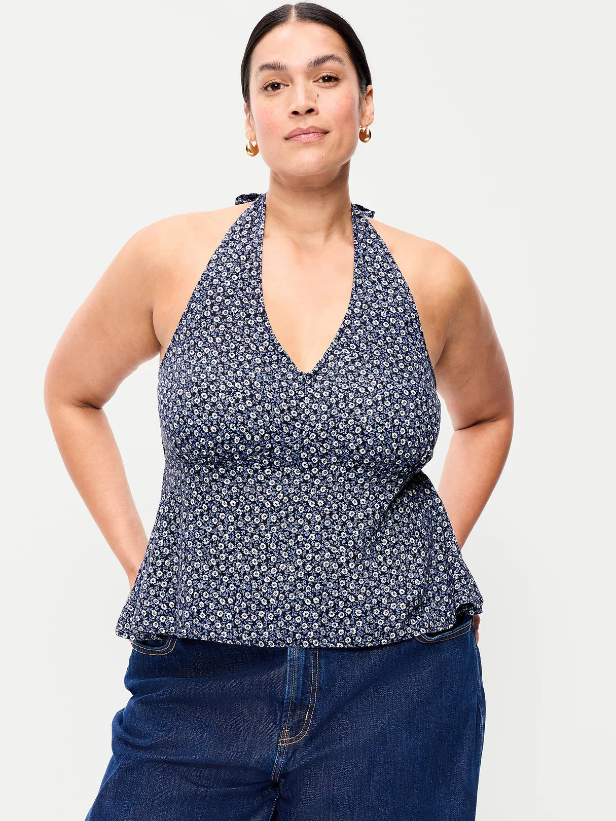 Linen-Blend V-Neck Halter Top - Blue Ditsy Floral