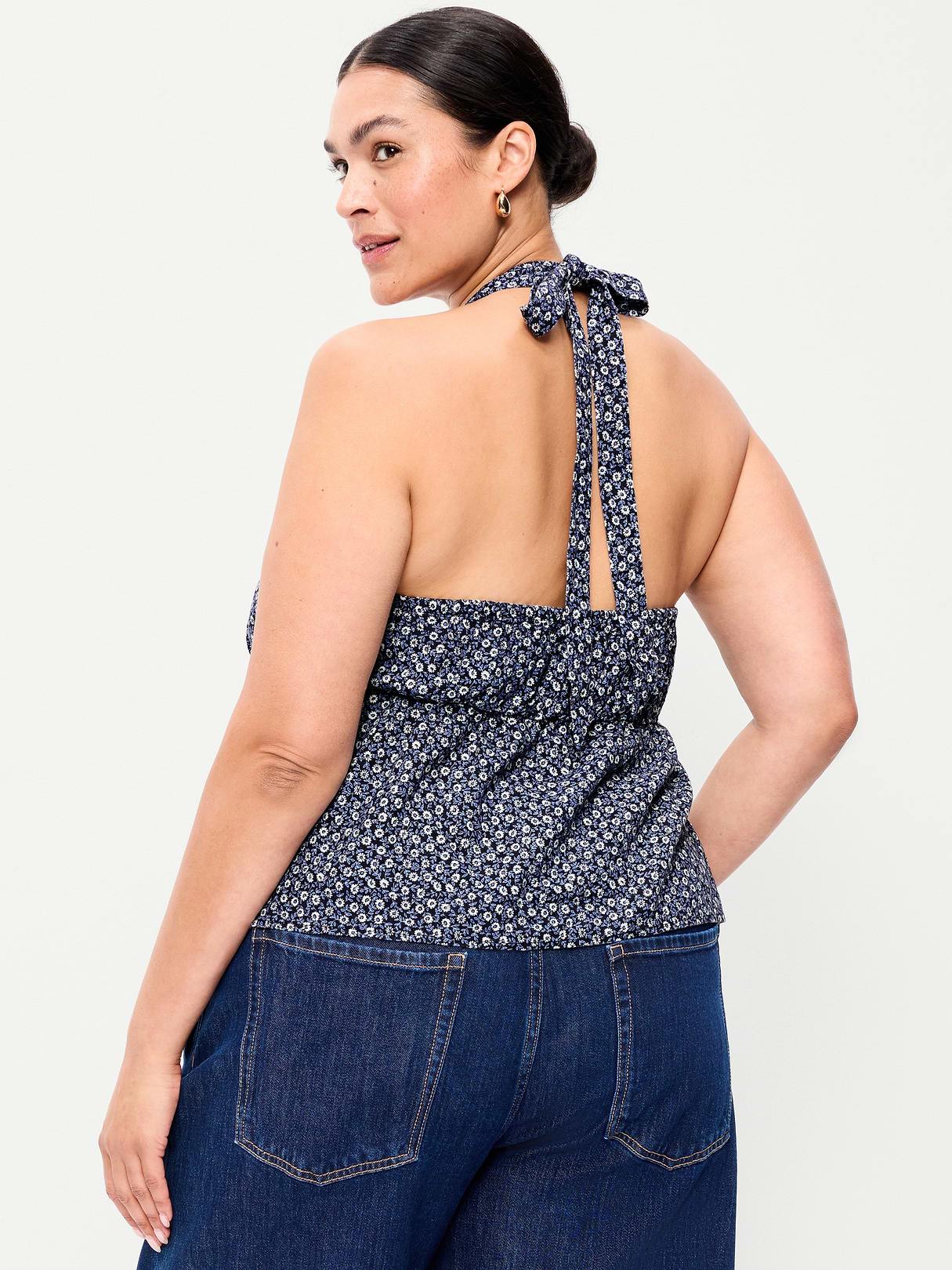 Linen-Blend V-Neck Halter Top - Blue Ditsy Floral
