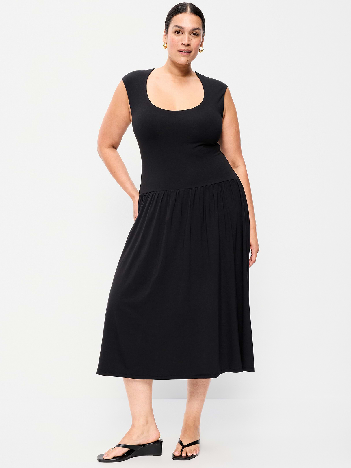 Jersey Knit Drop-Waist Midi Dress - Black Jack