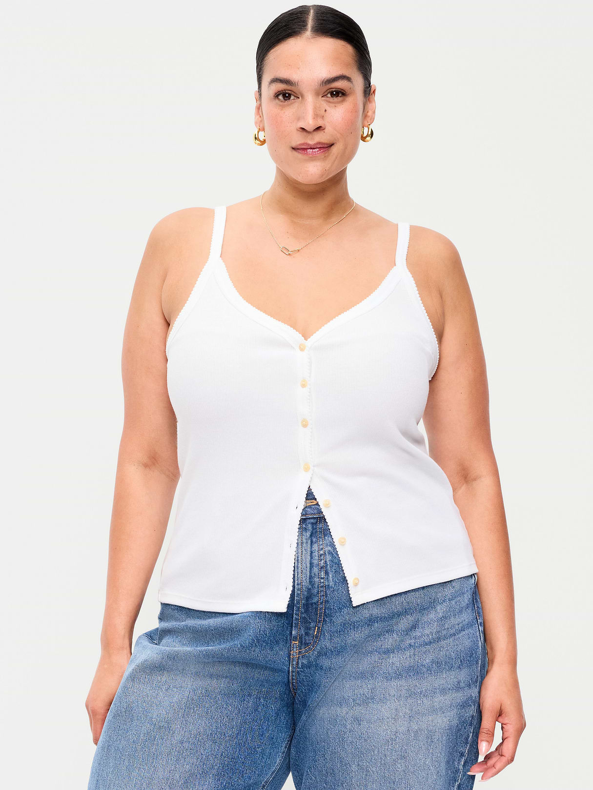 Button-Front Cami Tank Top - White Lilies