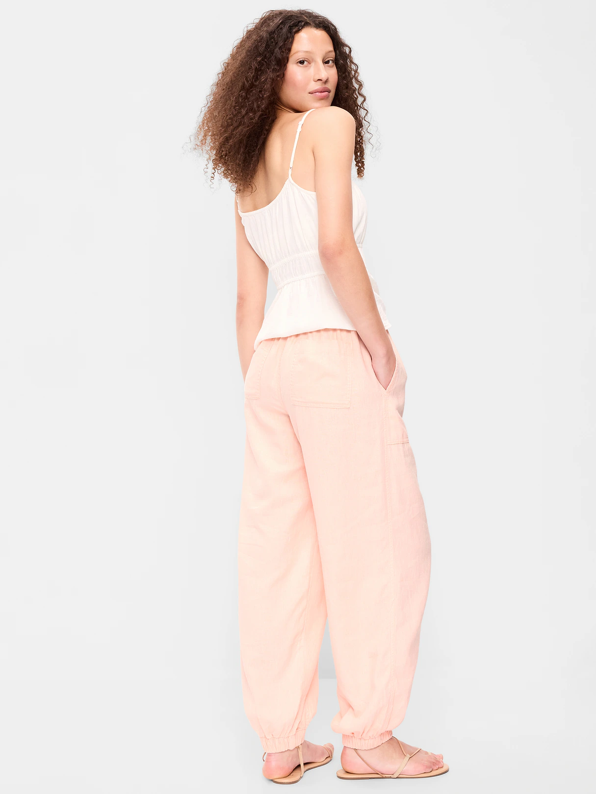 Mid-Rise Linen-Blend Cinched-Ankle Pants - Peach Gelato