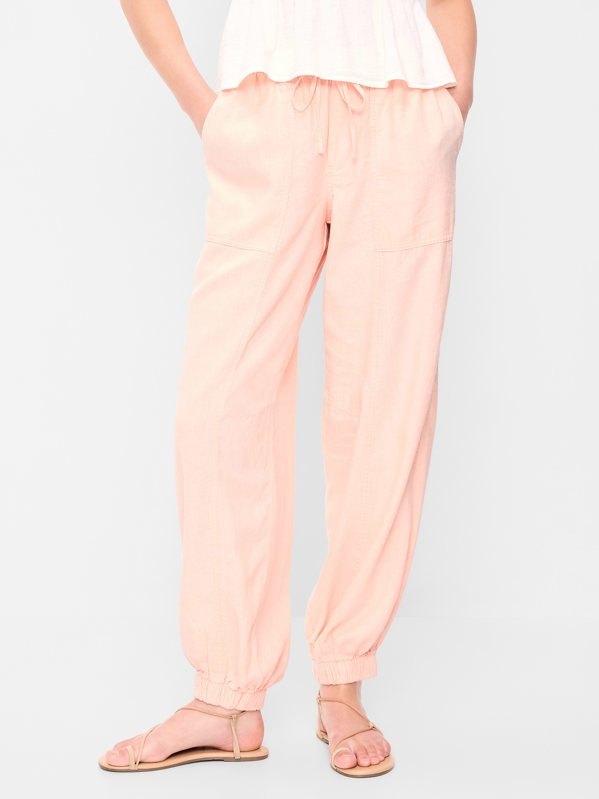 Mid-Rise Linen-Blend Cinched-Ankle Pants - Peach Gelato