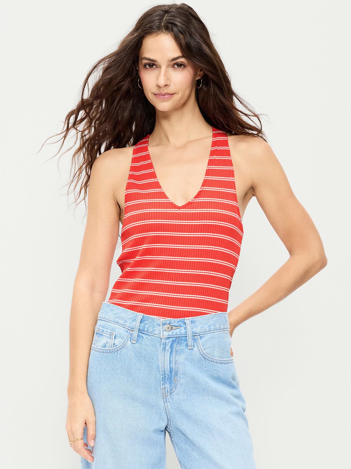 Ribbed Loop-Back Halter Top - Red Stripe