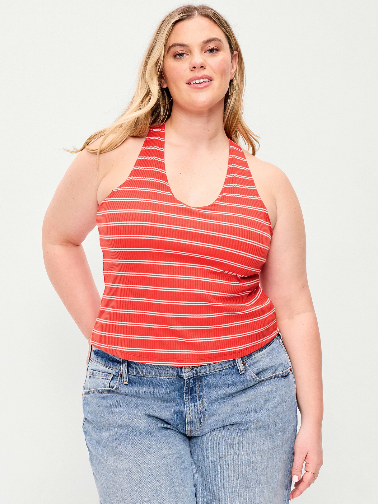 Ribbed Loop-Back Halter Top - Red Stripe