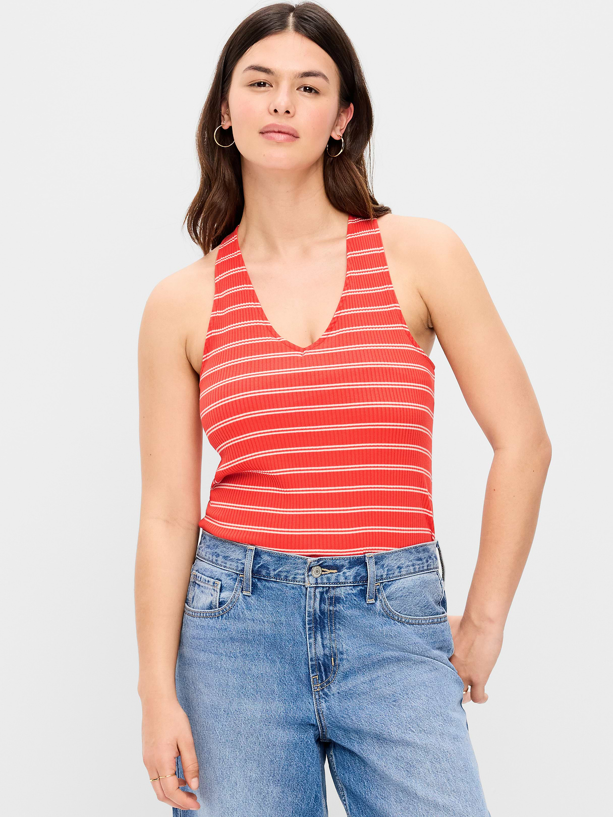 Ribbed Loop-Back Halter Top - Red Stripe