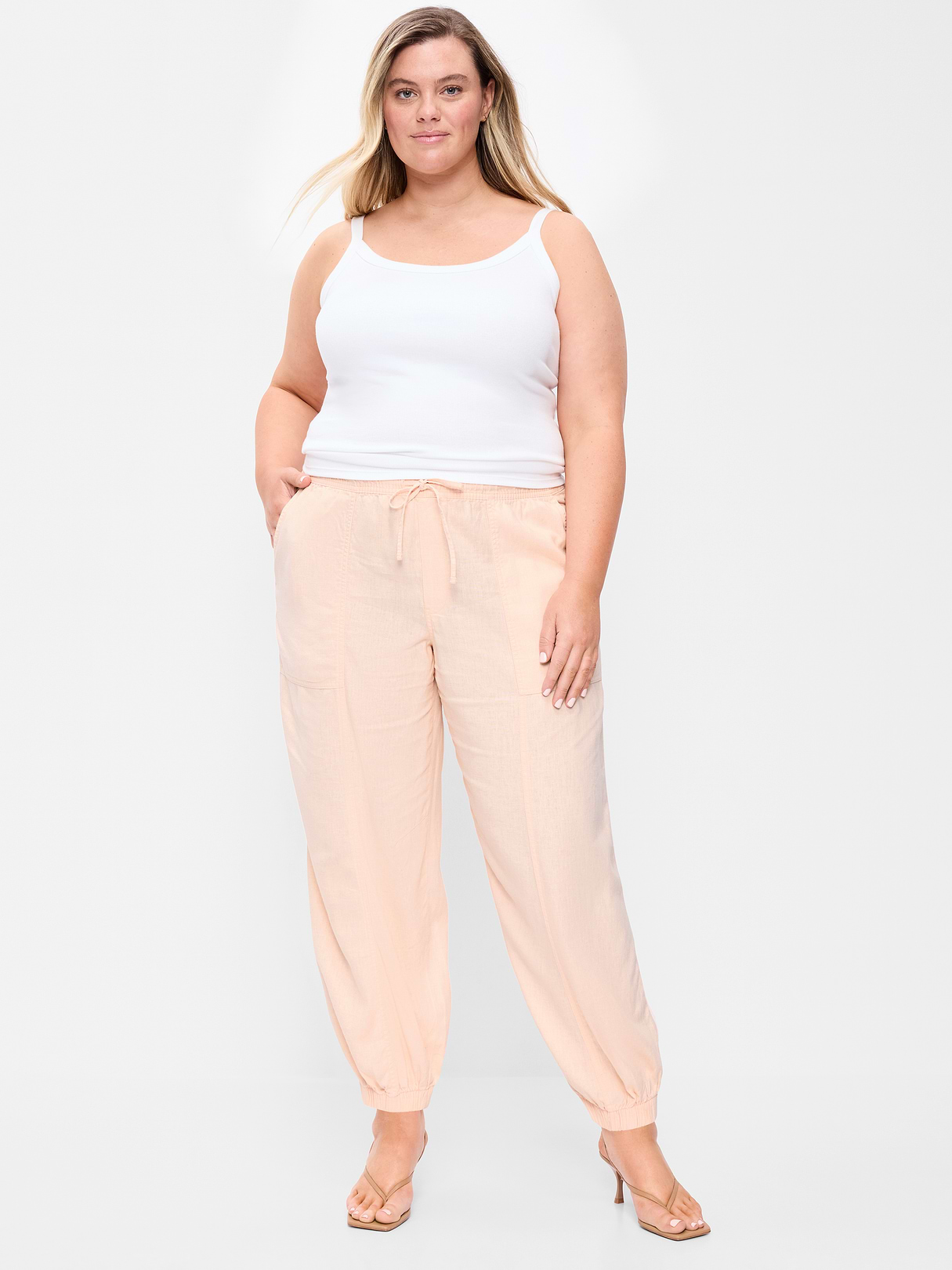 Mid-Rise Linen-Blend Cinched-Ankle Pants - Peach Gelato