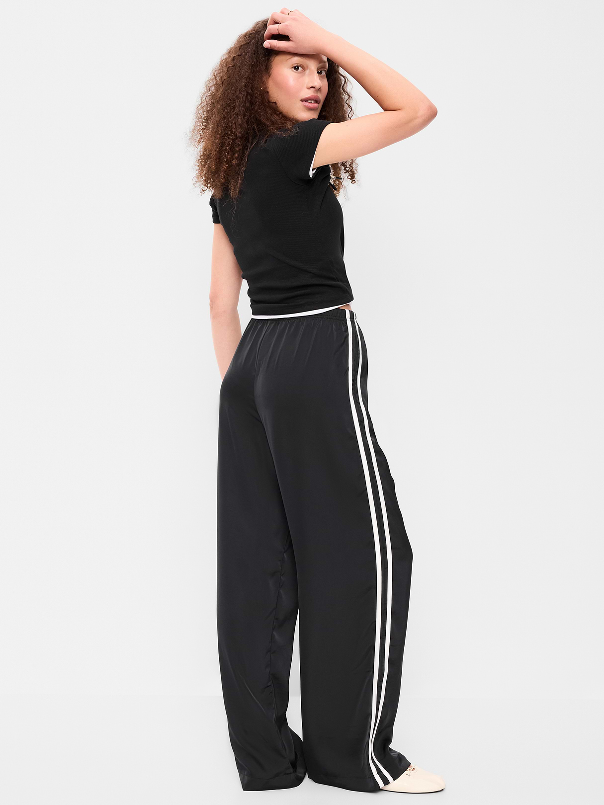 High-Waisted Satin Track Pants - Black Jack