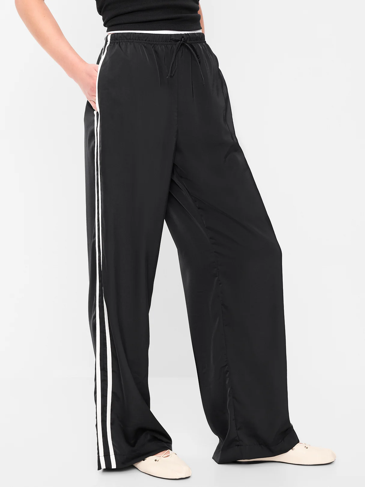 High-Waisted Satin Track Pants - Black Jack