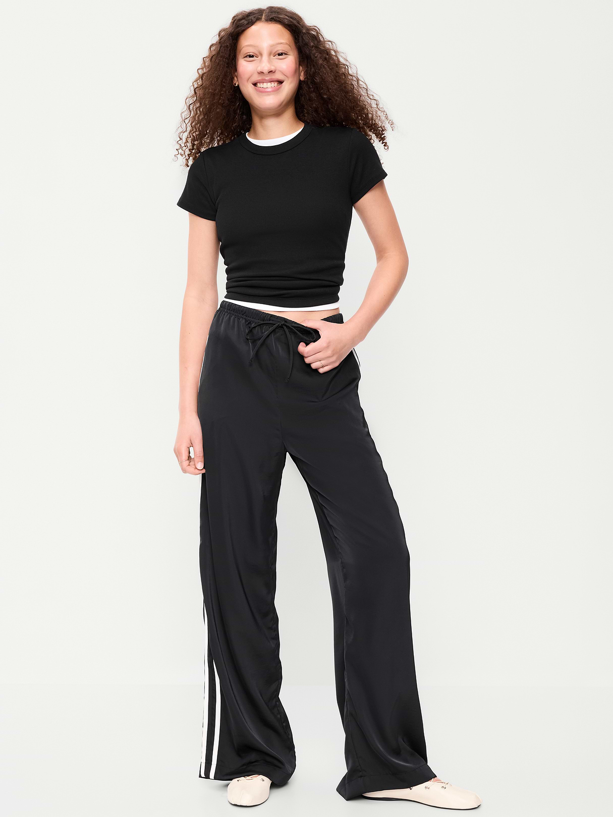 High-Waisted Satin Track Pants - Black Jack