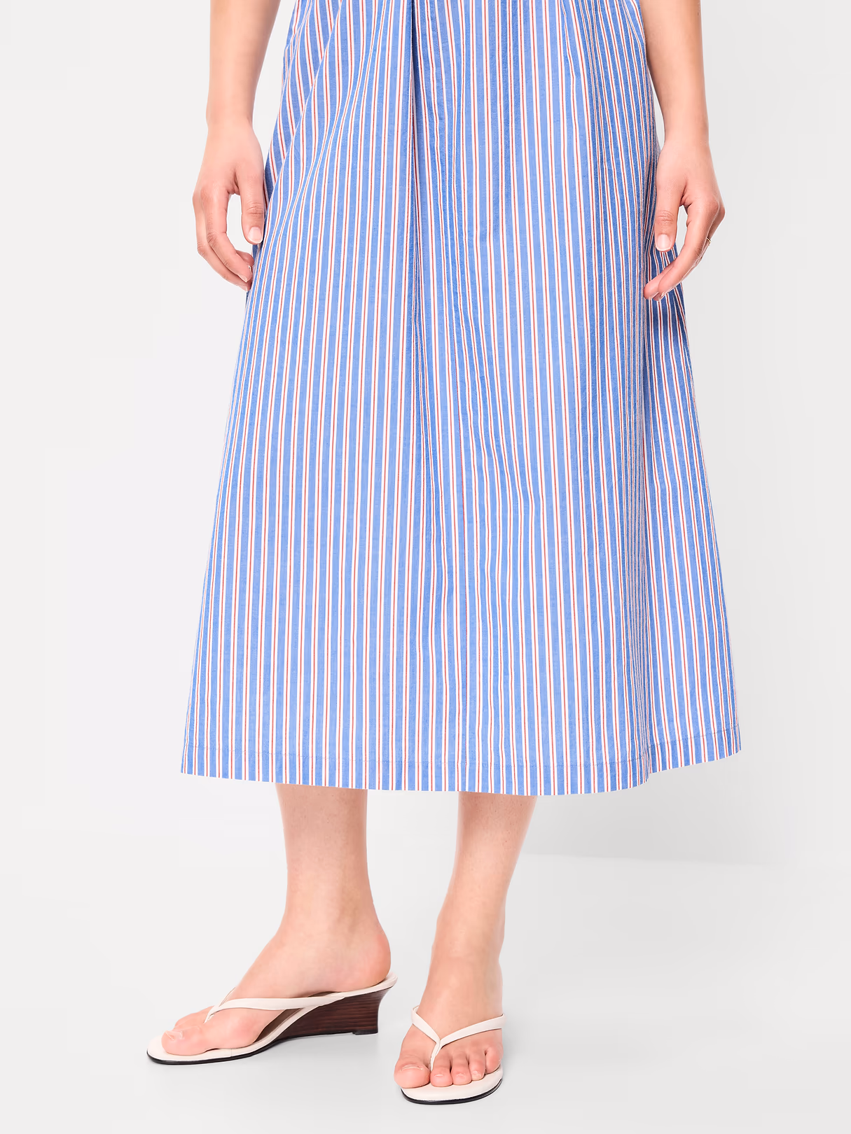 Sleeveless Wrap-Waist Midi Shirt Dress - Blue/White/Red Stripe