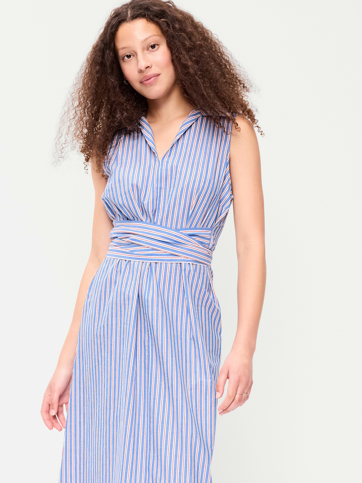 Sleeveless Wrap-Waist Midi Shirt Dress - Blue/White/Red Stripe