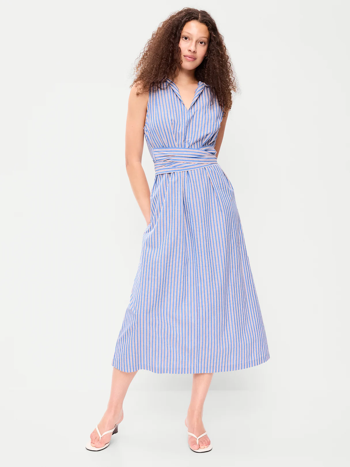 Sleeveless Wrap-Waist Midi Shirt Dress - Blue/White/Red Stripe