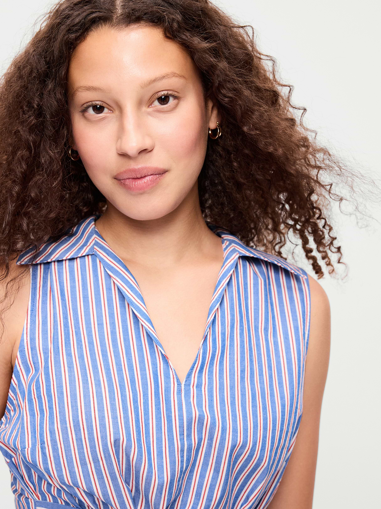Sleeveless Wrap-Waist Midi Shirt Dress - Blue/White/Red Stripe