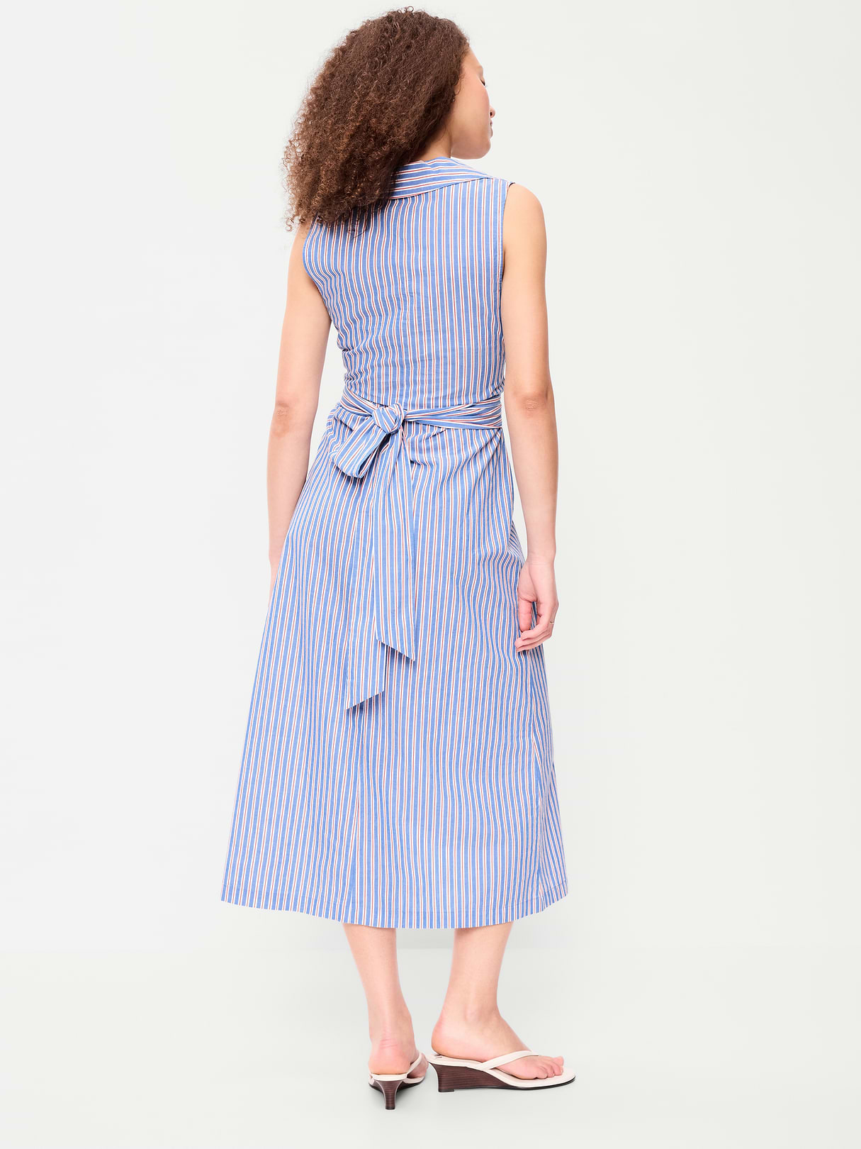 Sleeveless Wrap-Waist Midi Shirt Dress - Blue/White/Red Stripe