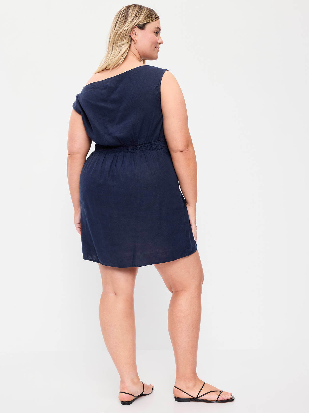 Asymmetrical Shoulder Linen-Blend Mini Dress - In the Navy