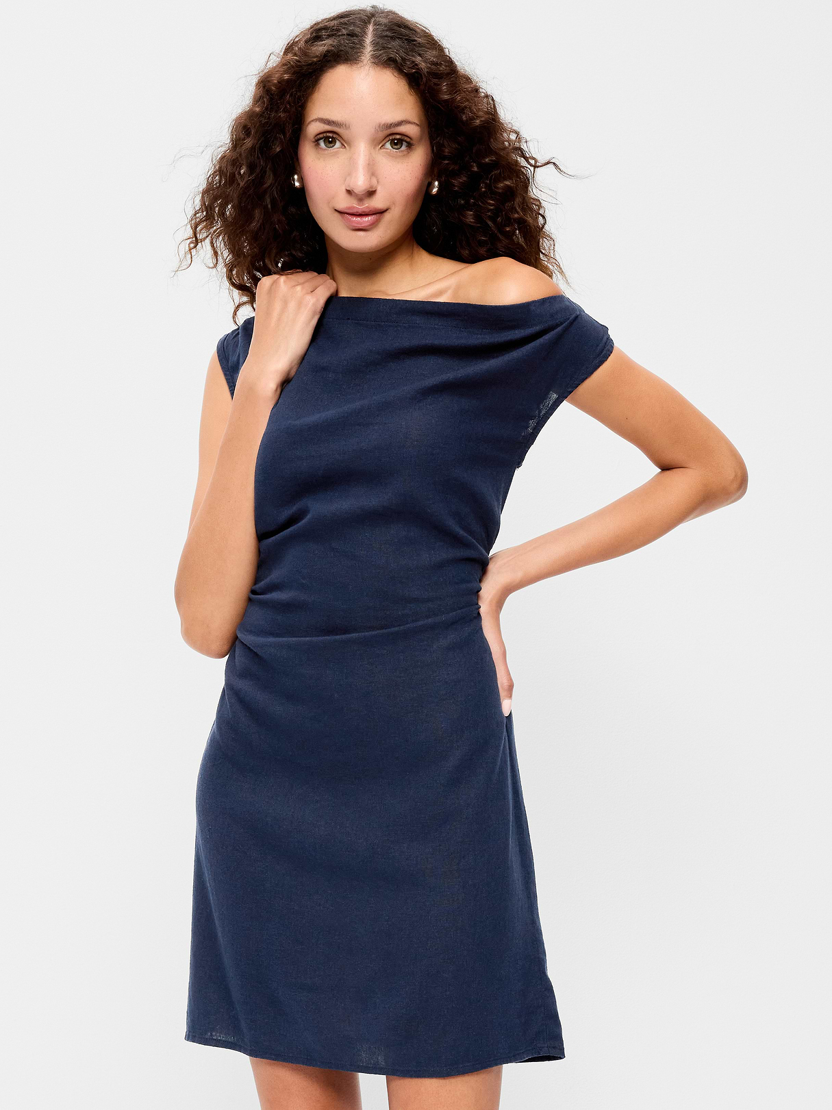 Asymmetrical Shoulder Linen-Blend Mini Dress - In the Navy