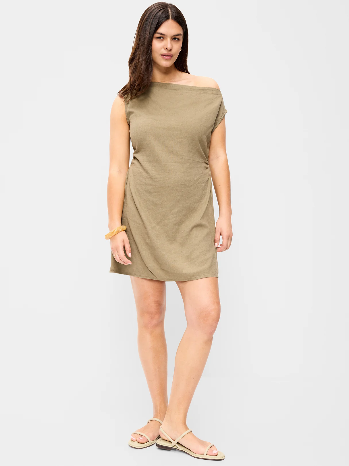 Asymmetrical Shoulder Linen-Blend Mini Dress - Dried Grasses