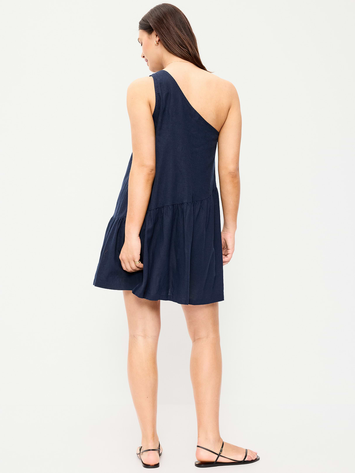 One-Shoulder Asymmetrical Linen-Blend Mini Dress - In the Navy