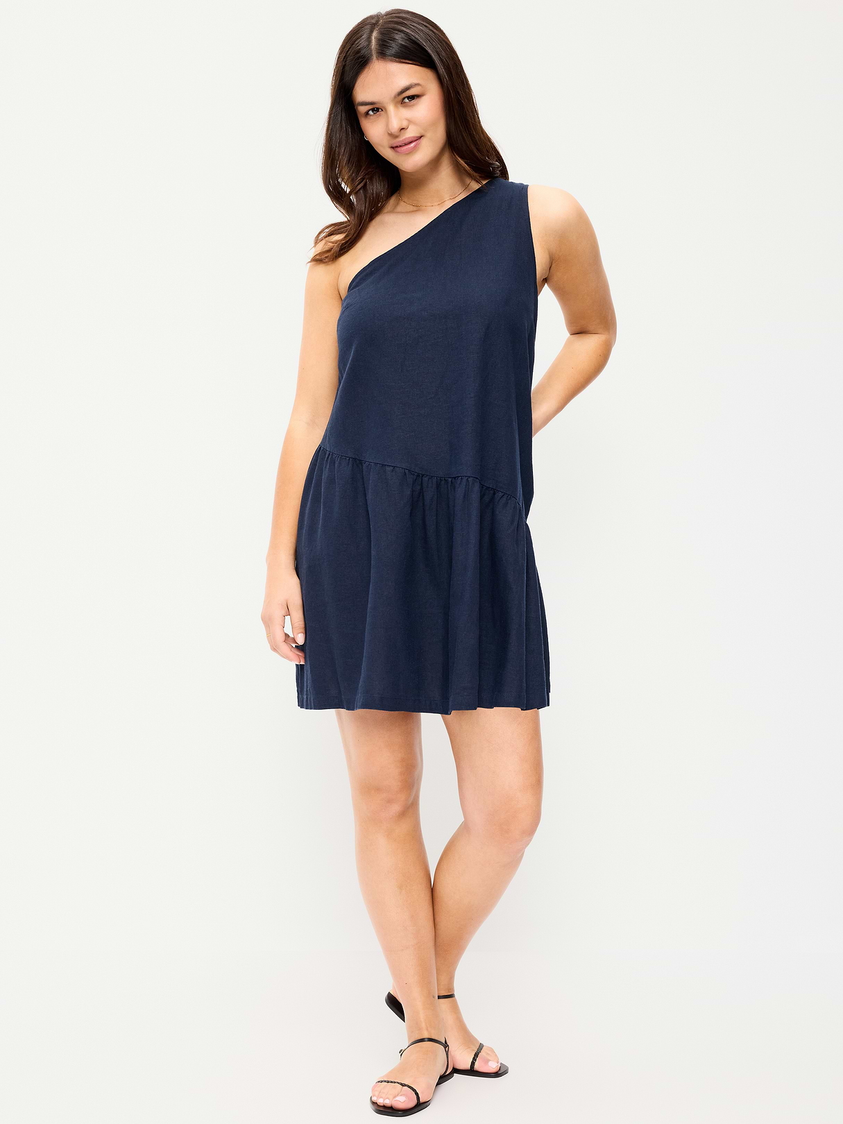One-Shoulder Asymmetrical Linen-Blend Mini Dress - In the Navy