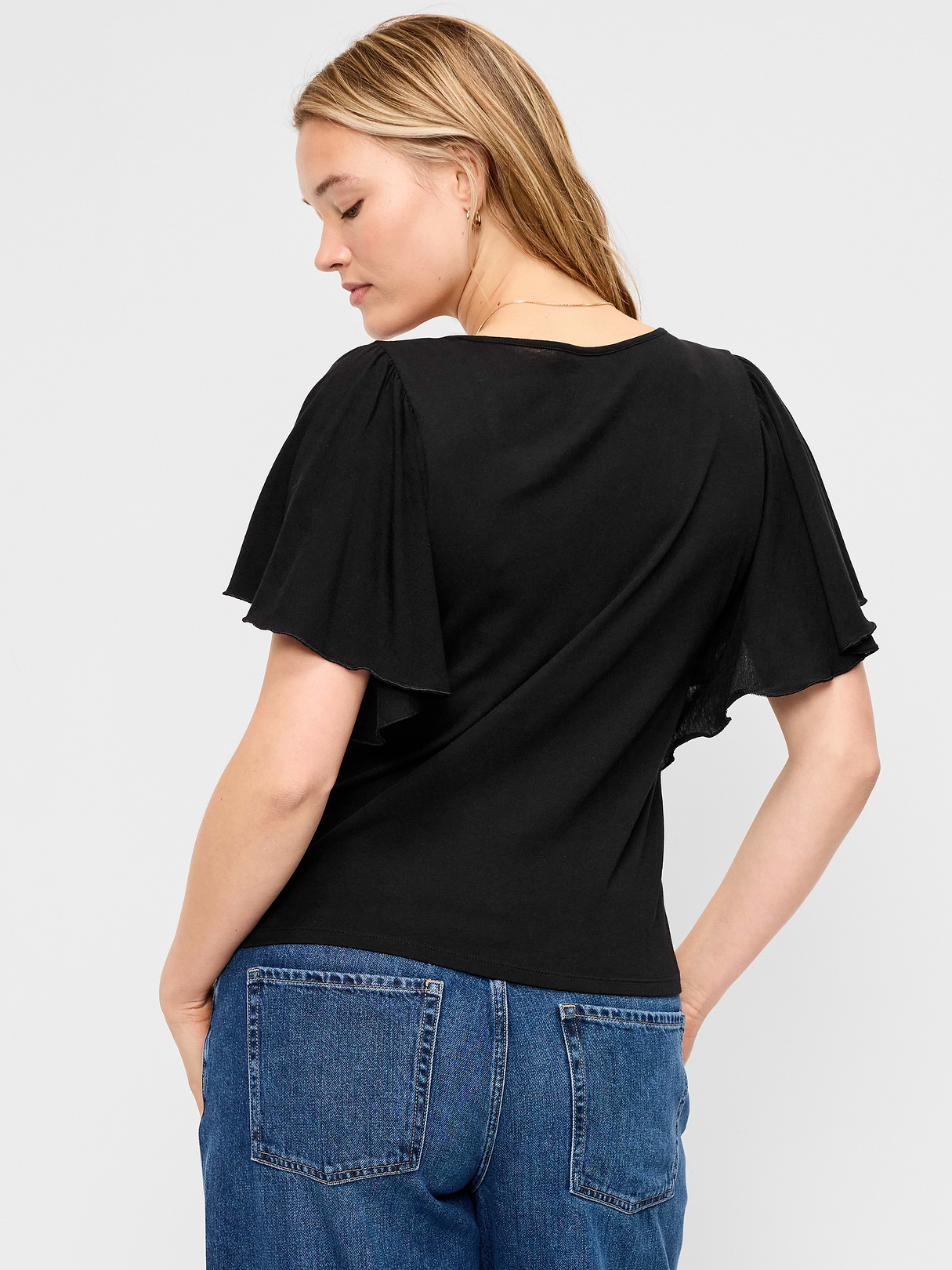 V-Neck Flutter Sleeve Top - Black Jack
