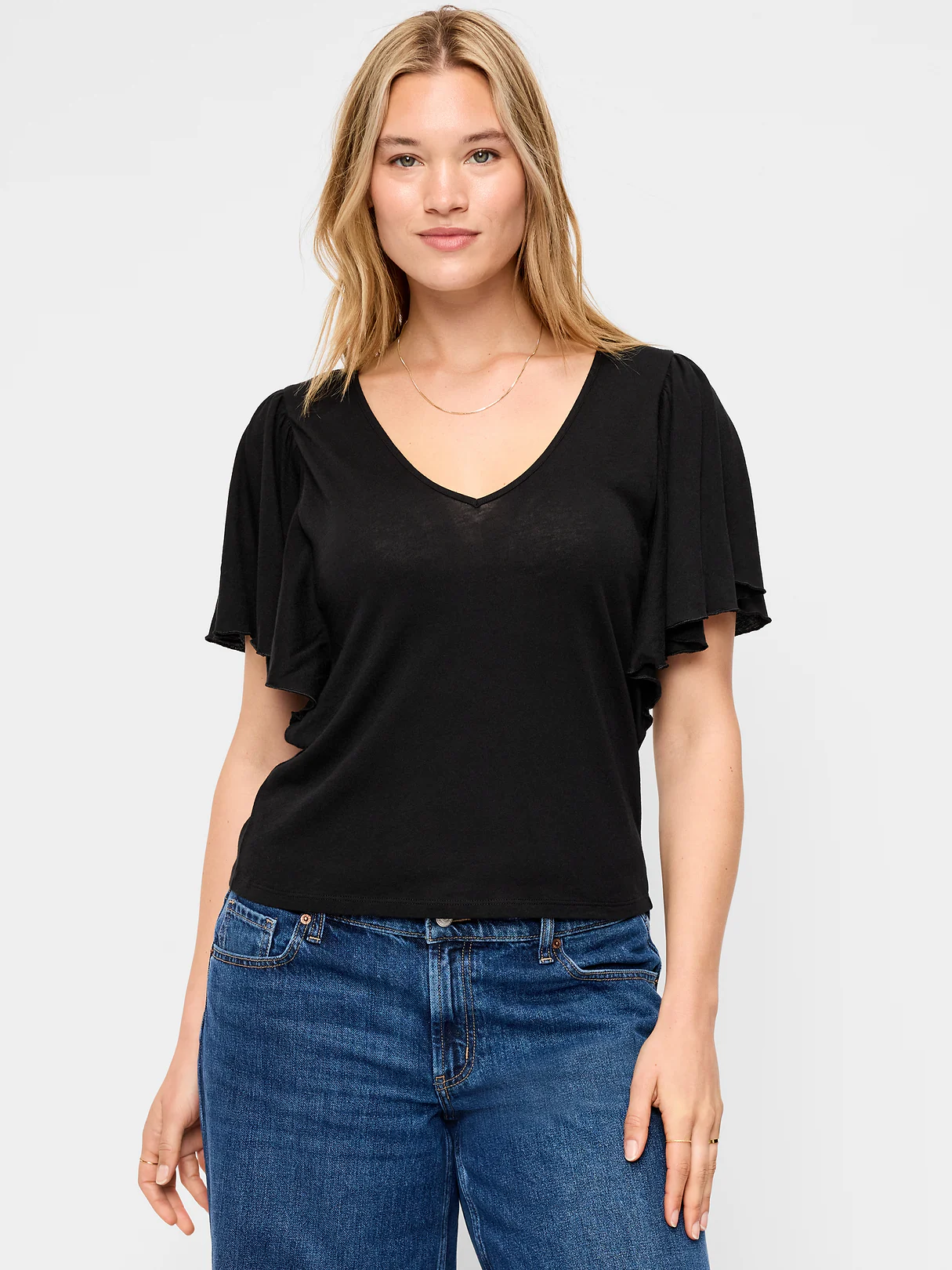 V-Neck Flutter Sleeve Top - Black Jack