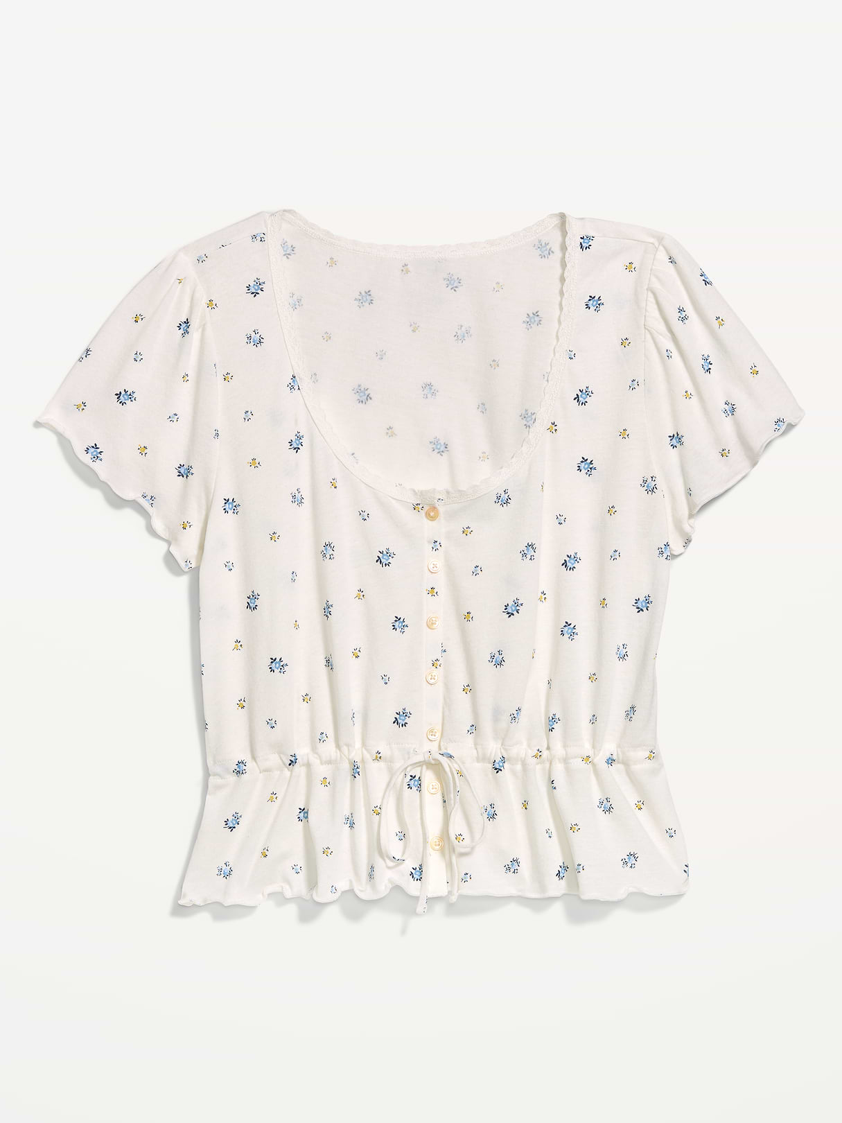 Lace-Trim Button-Down Top - White Floral