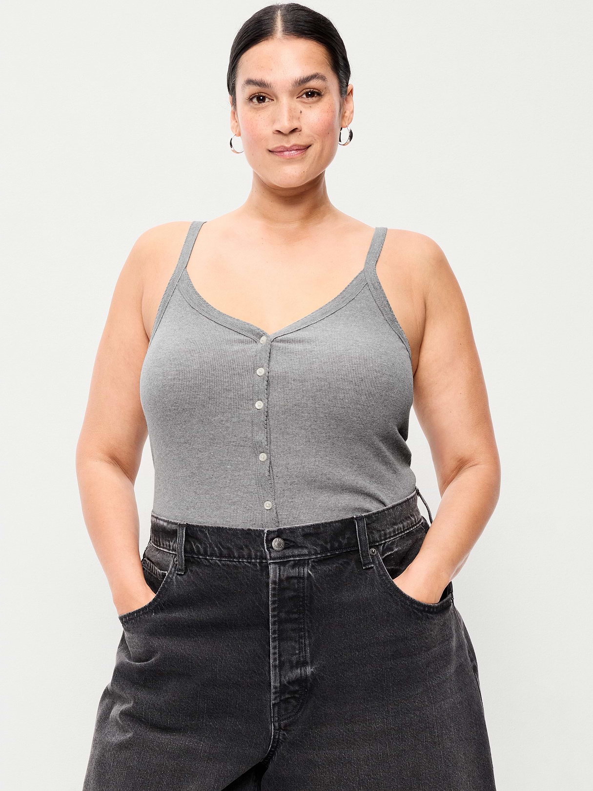 Button-Front Cami Tank Top - Dark Heather Grey