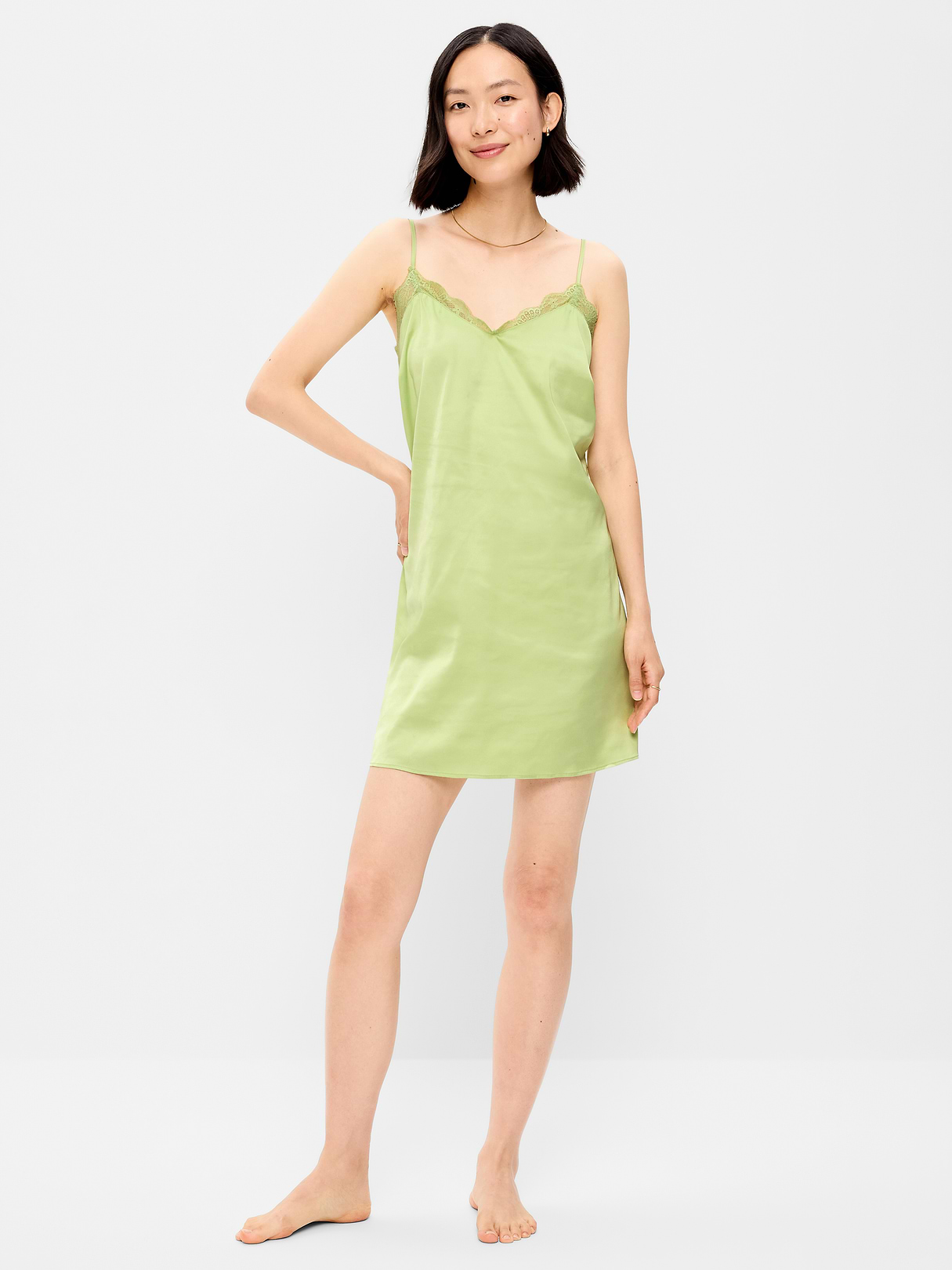 Satin Lace-Trim Sleep Dress - Coriander
