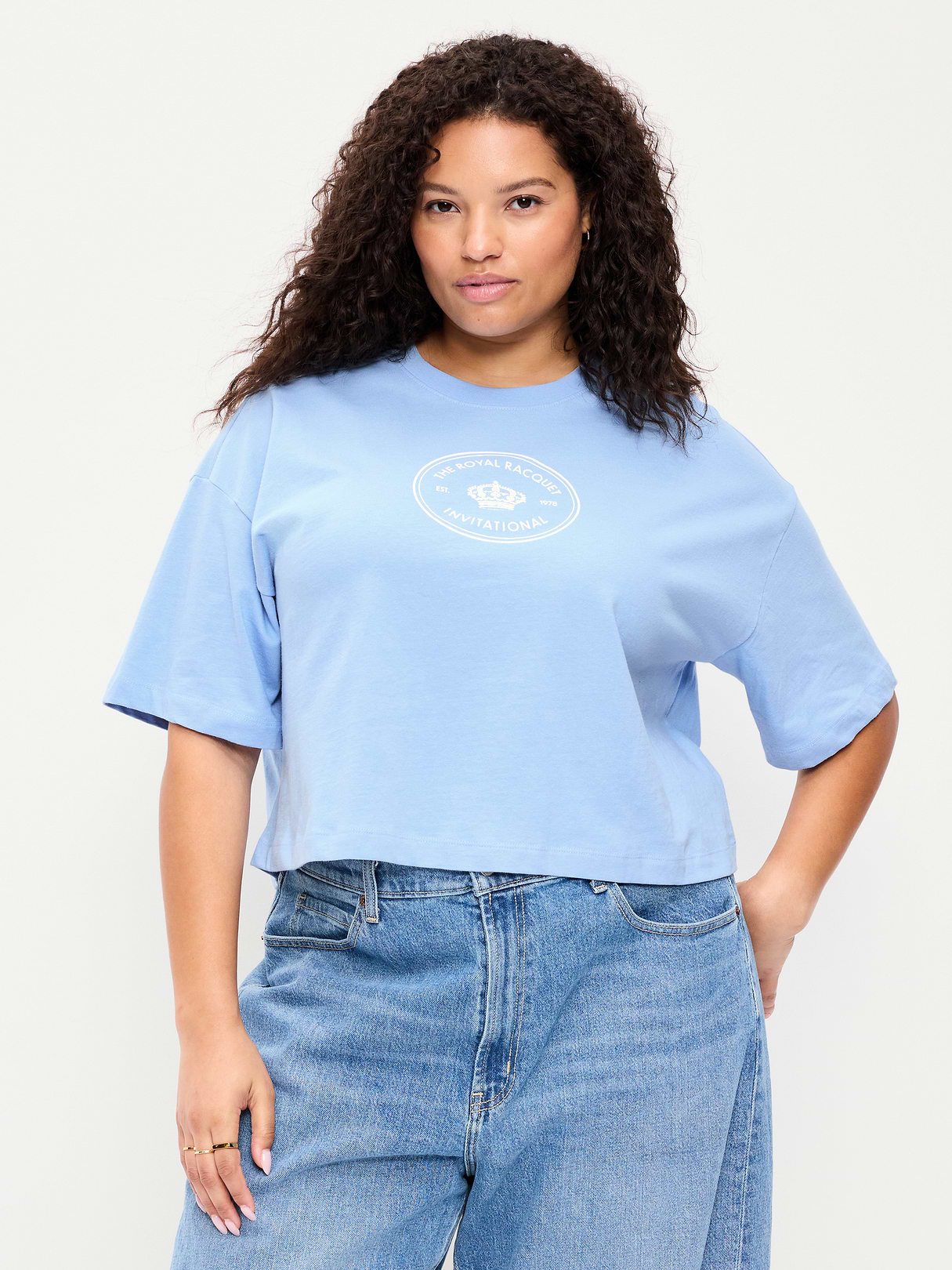 Vintage Crew-Neck Oversized Crop Graphic T-Shirt - Monet Blue
