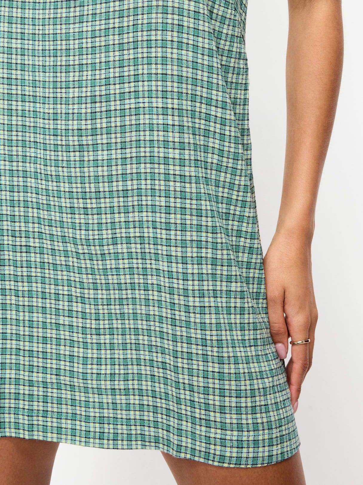 Linen-Blend Apron-Neck Mini Shift Dress - Green Plaid