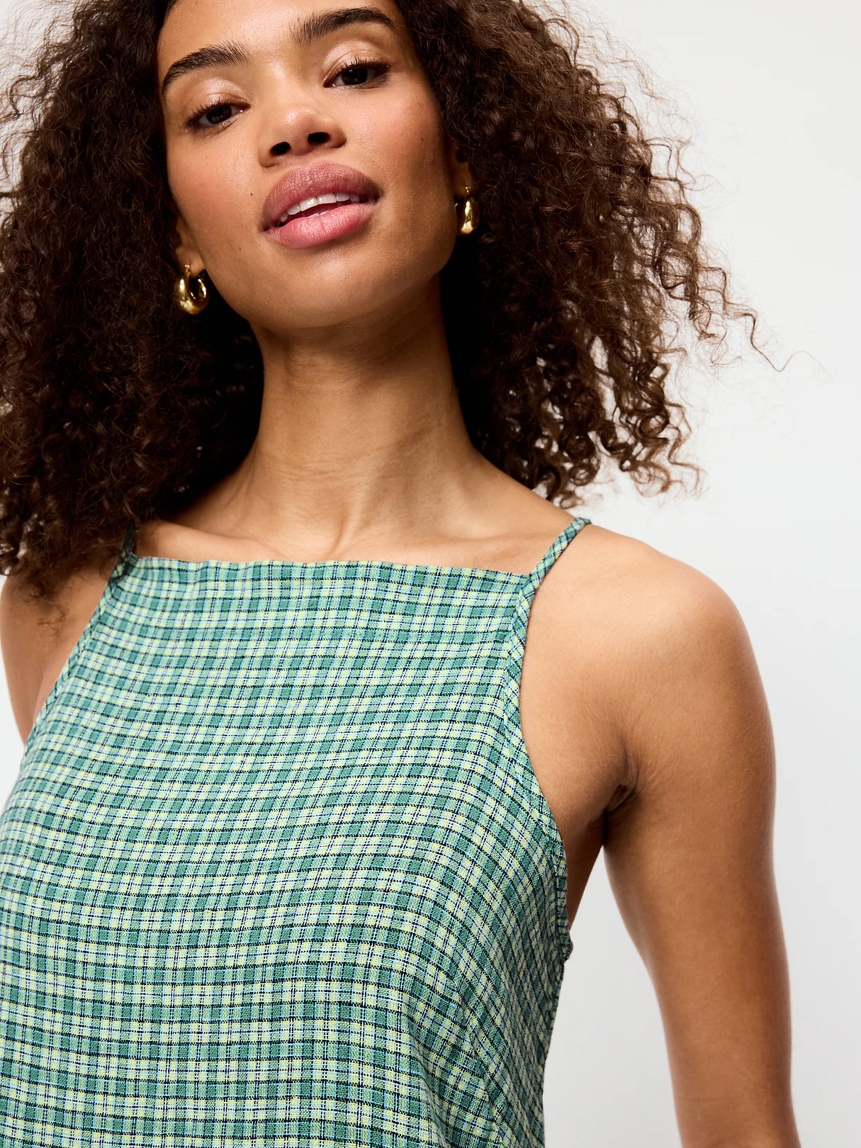 Linen-Blend Apron-Neck Mini Shift Dress - Green Plaid