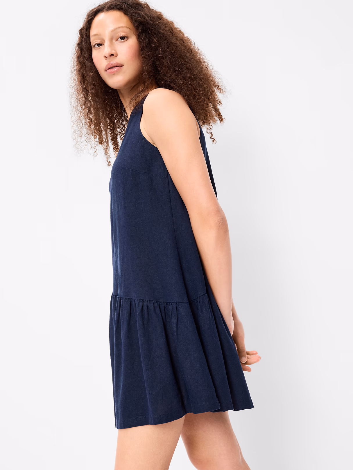 One-Shoulder Asymmetrical Linen-Blend Mini Dress - In the Navy