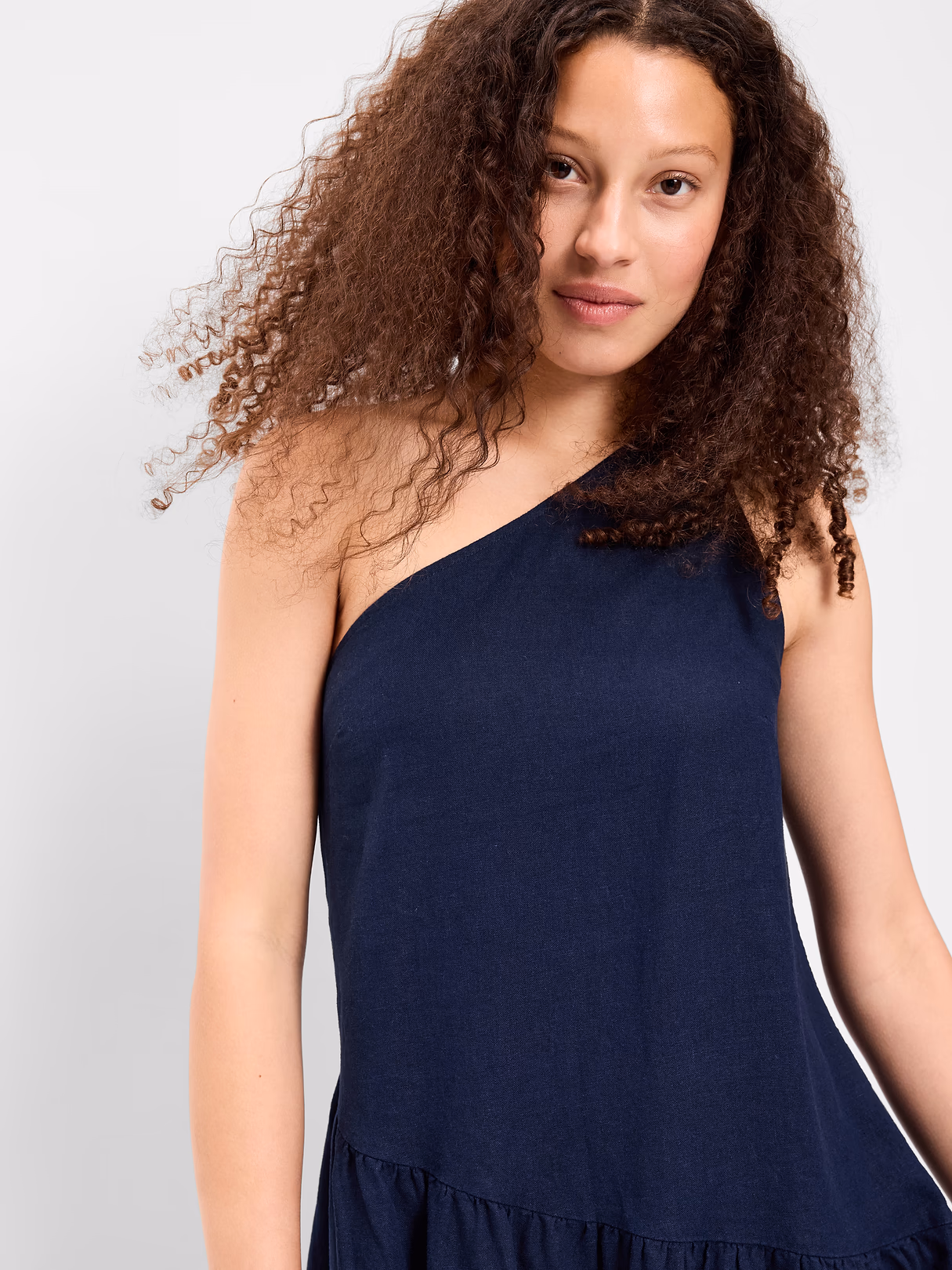 One-Shoulder Asymmetrical Linen-Blend Mini Dress - In the Navy