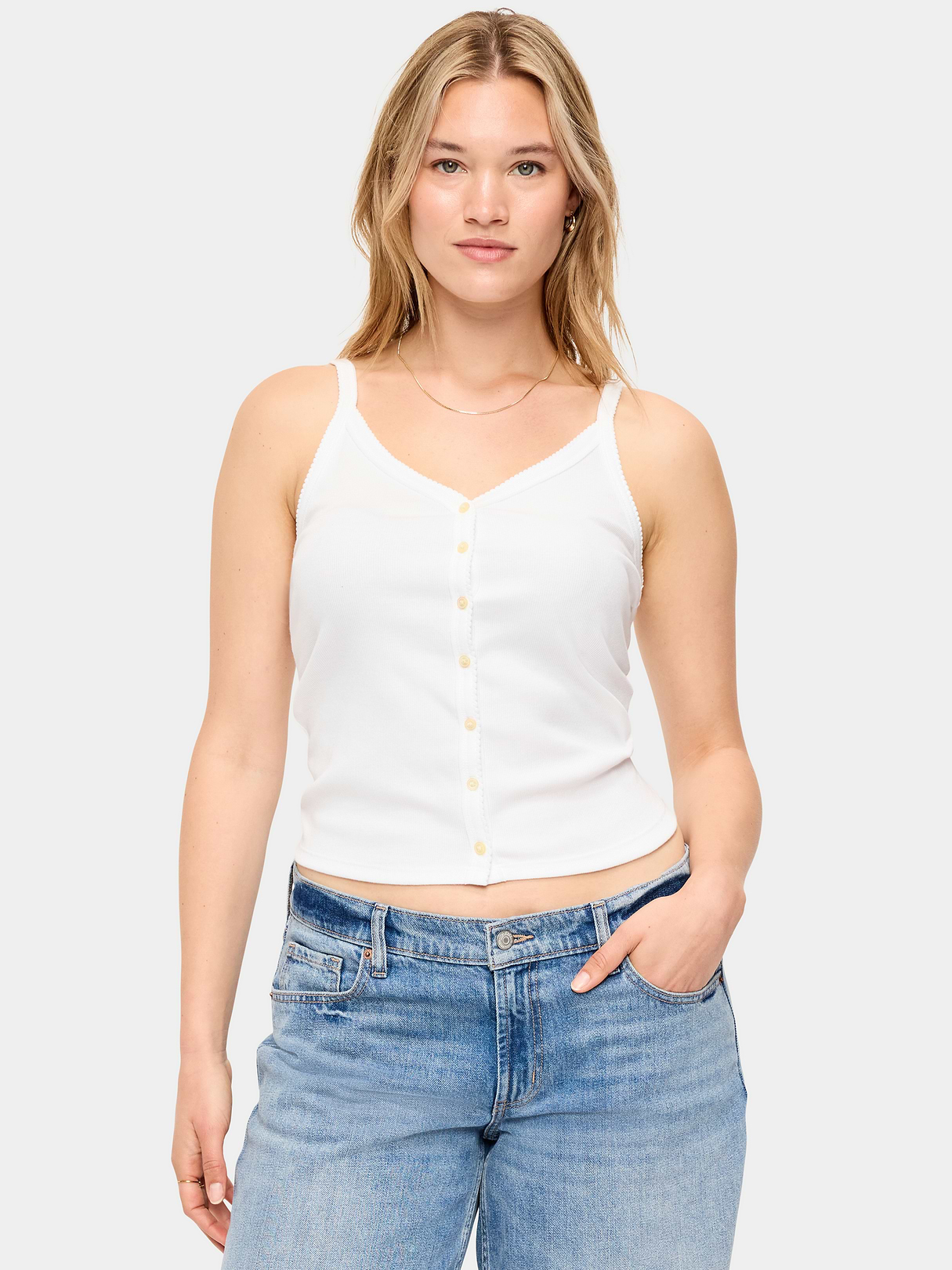 Button-Front Cami Tank Top - White Lilies