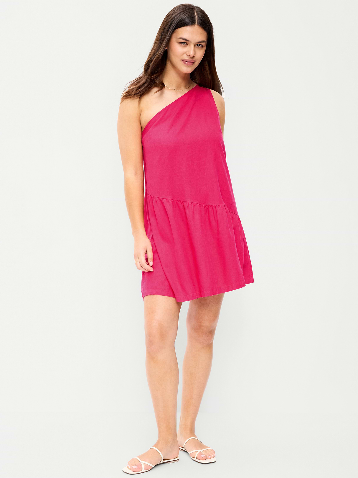 One-Shoulder Asymmetrical Linen-Blend Mini Dress - Bright Scarlet