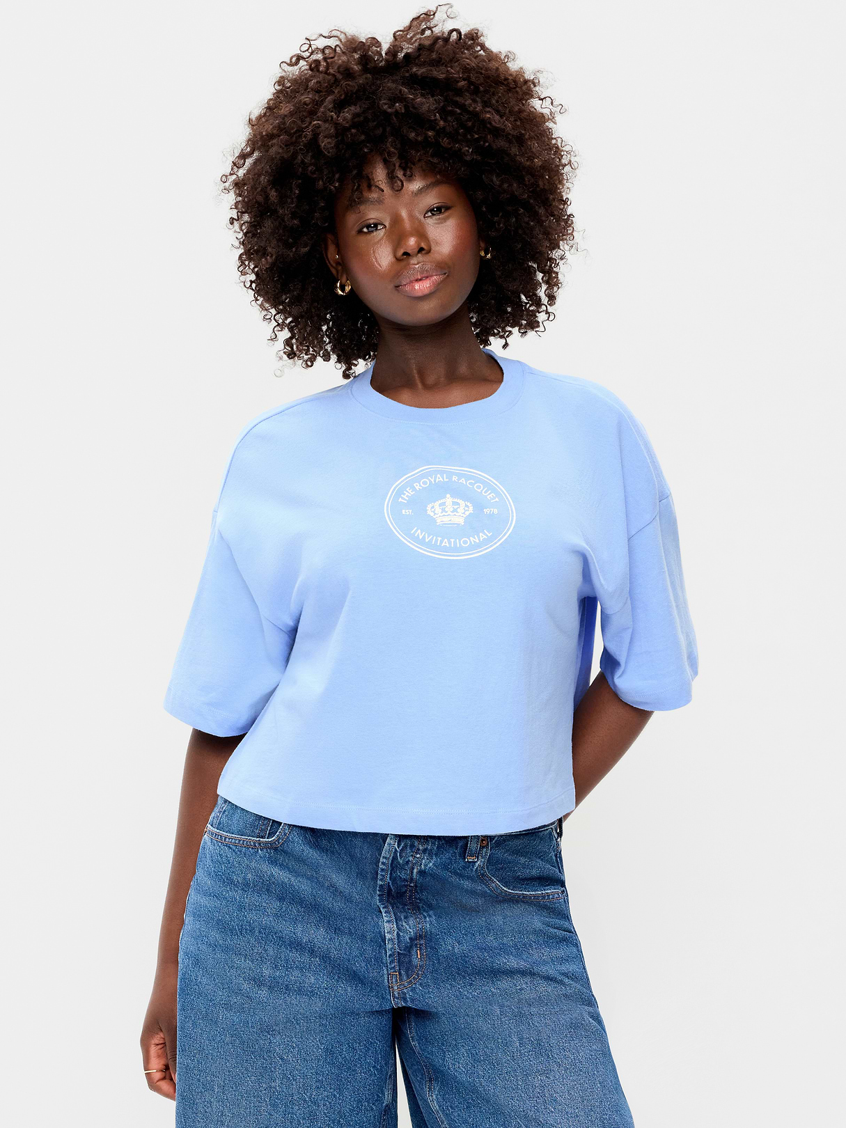 Vintage Crew-Neck Oversized Crop Graphic T-Shirt - Monet Blue