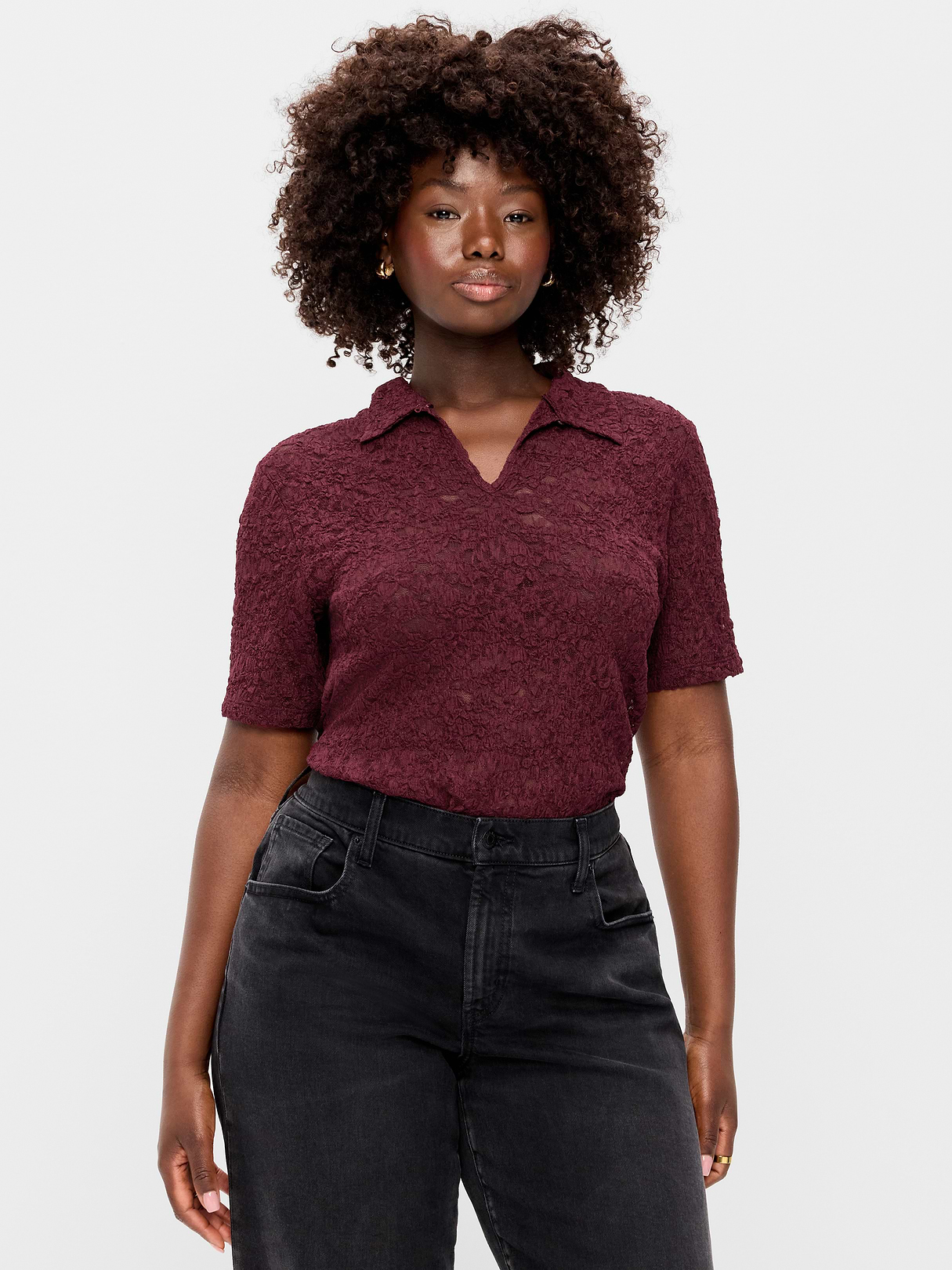 Lace Keyhole Polo Top - Red Lacquer