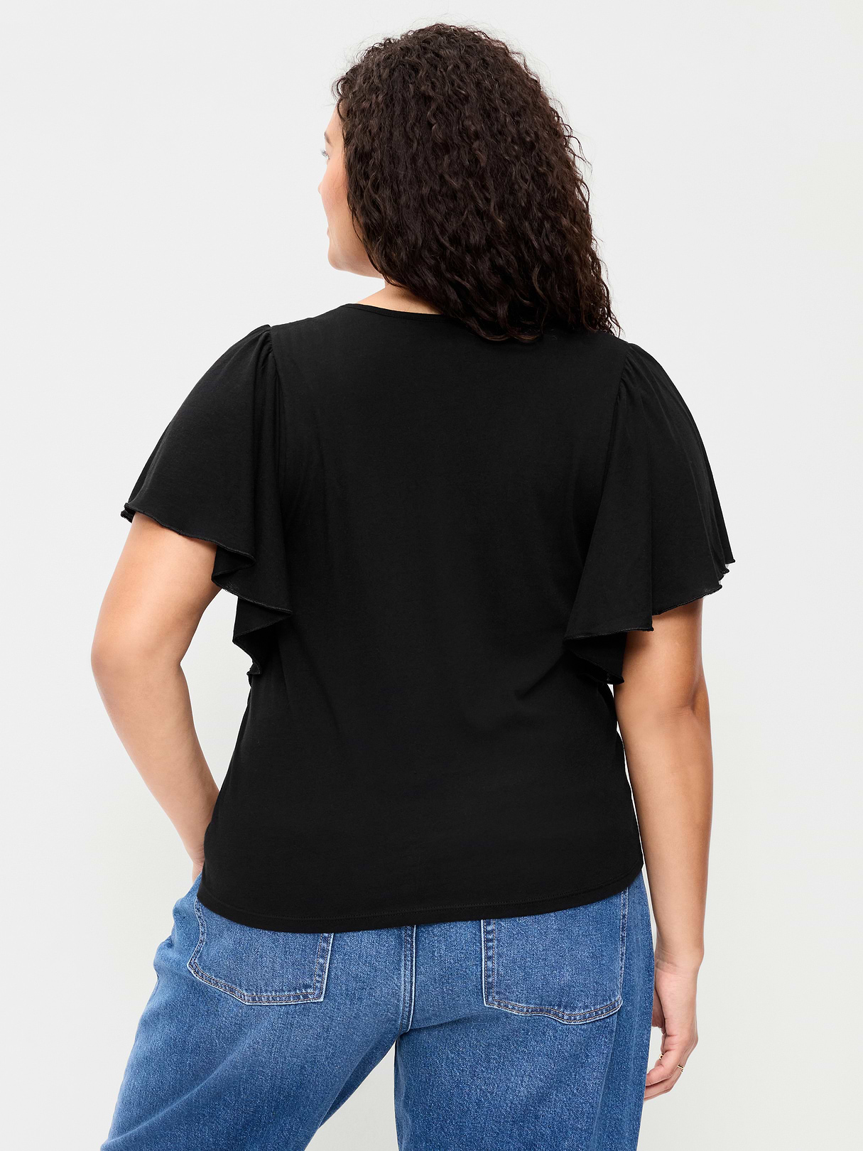 V-Neck Flutter Sleeve Top - Black Jack