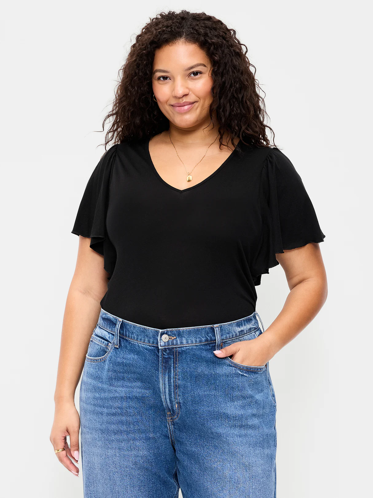 V-Neck Flutter Sleeve Top - Black Jack