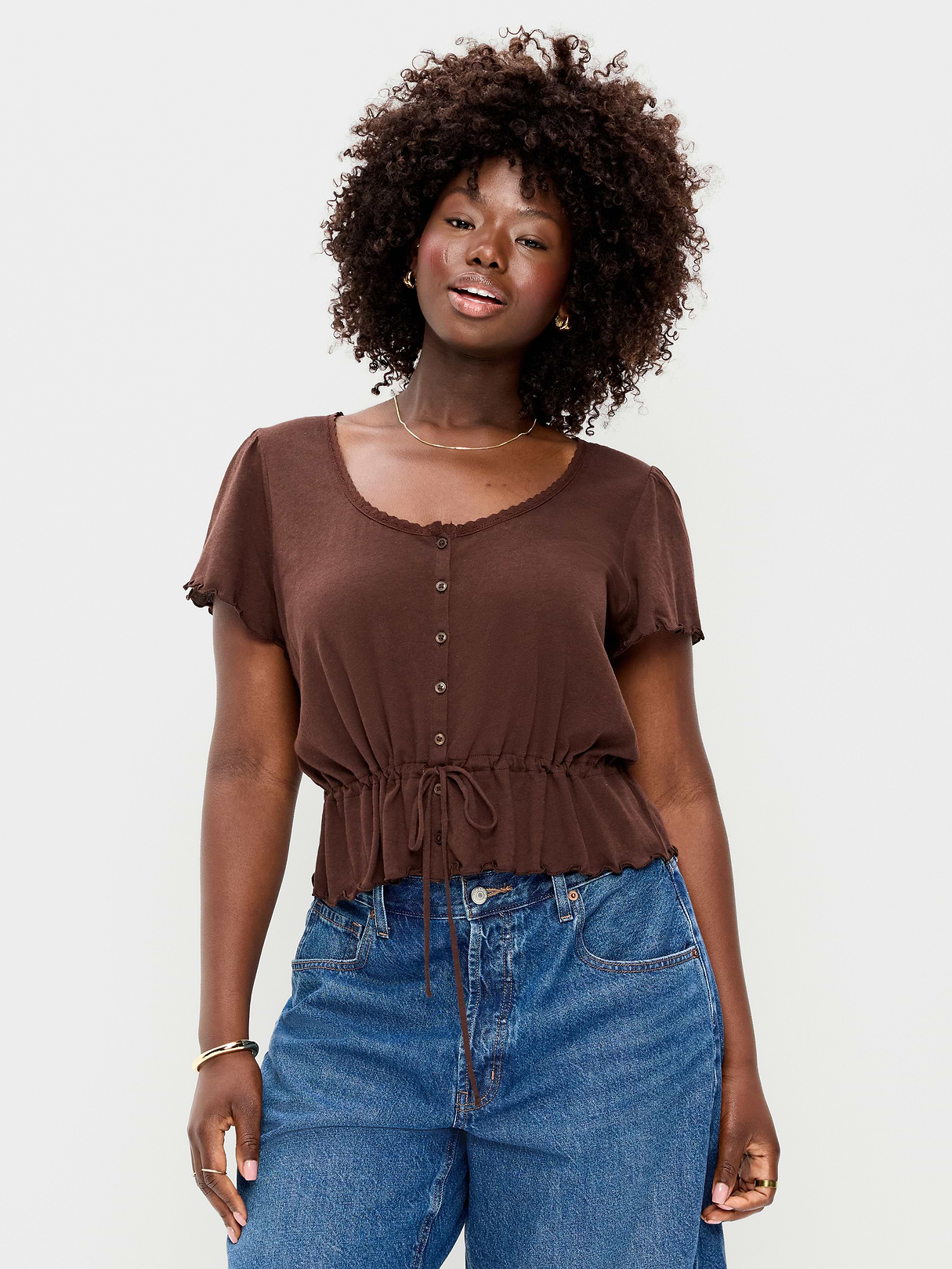 Lace-Trim Button-Down Top - Earthen