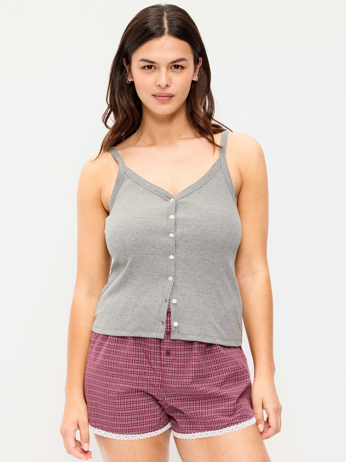 Button-Front Cami Tank Top - Dark Heather Grey