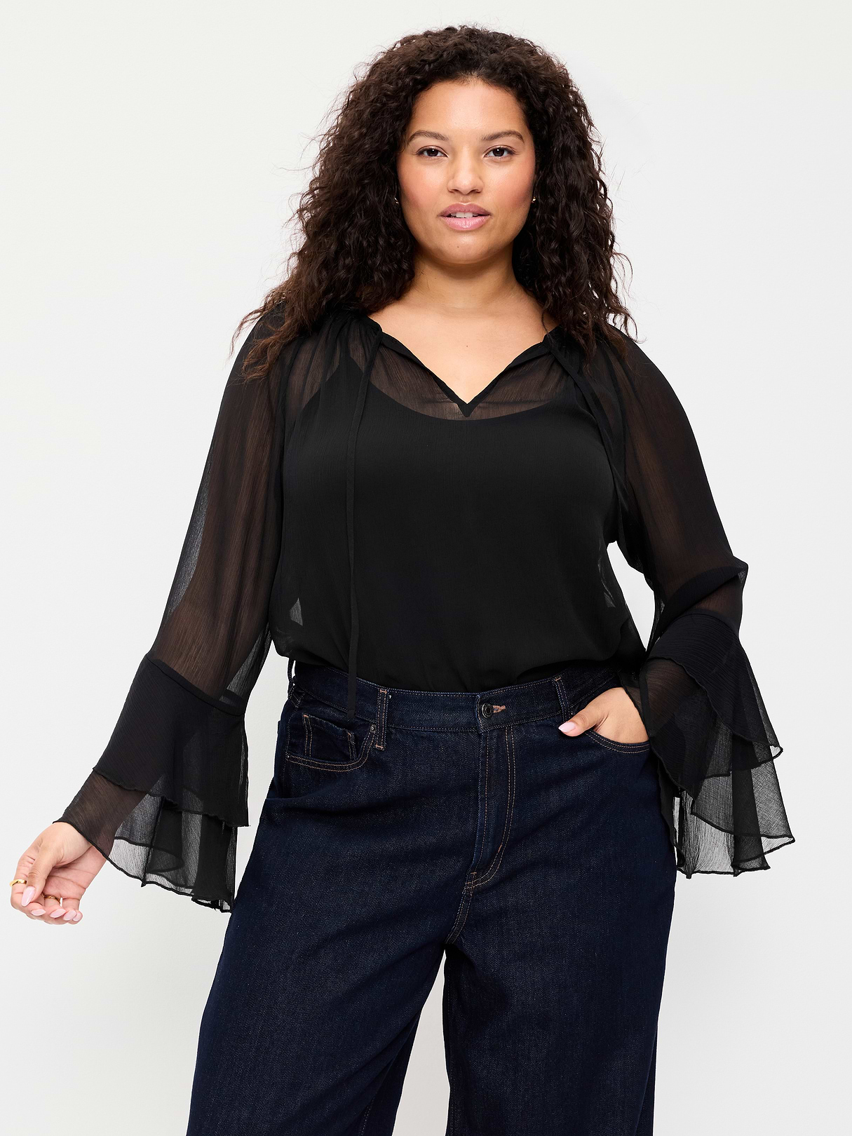 Sheer Chiffon Bell-Sleeve Top - Black Jack