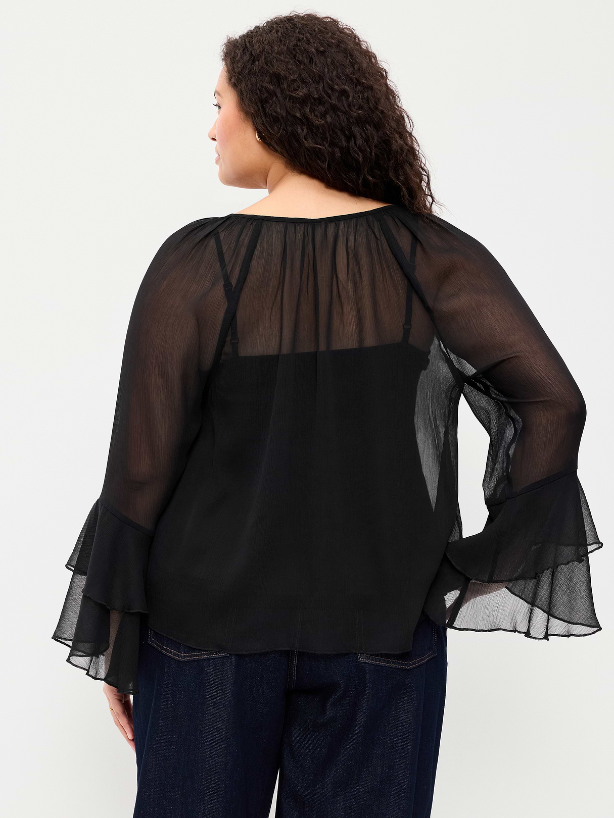 Sheer Chiffon Bell-Sleeve Top - Black Jack