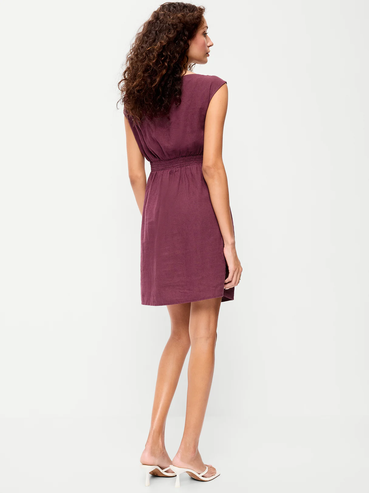 Asymmetrical Shoulder Linen-Blend Mini Dress - Cherry Bark