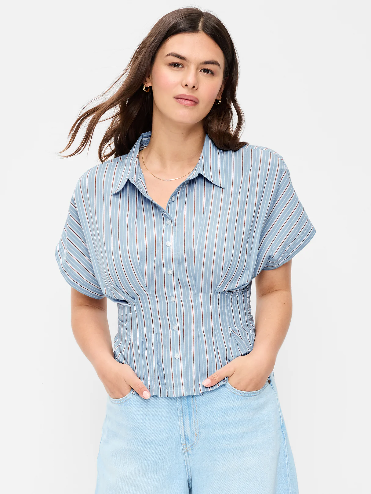 Slim-Waisted Button-Down Shirt - Blue Stripe