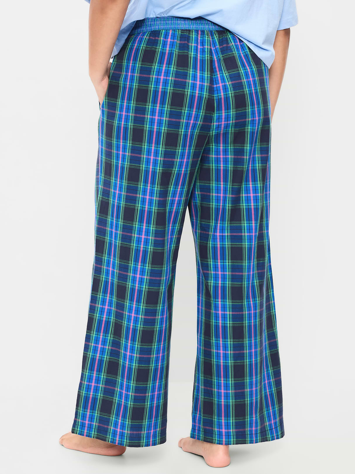 Poplin Wide-Leg Pajama Pants - Blue Plaid