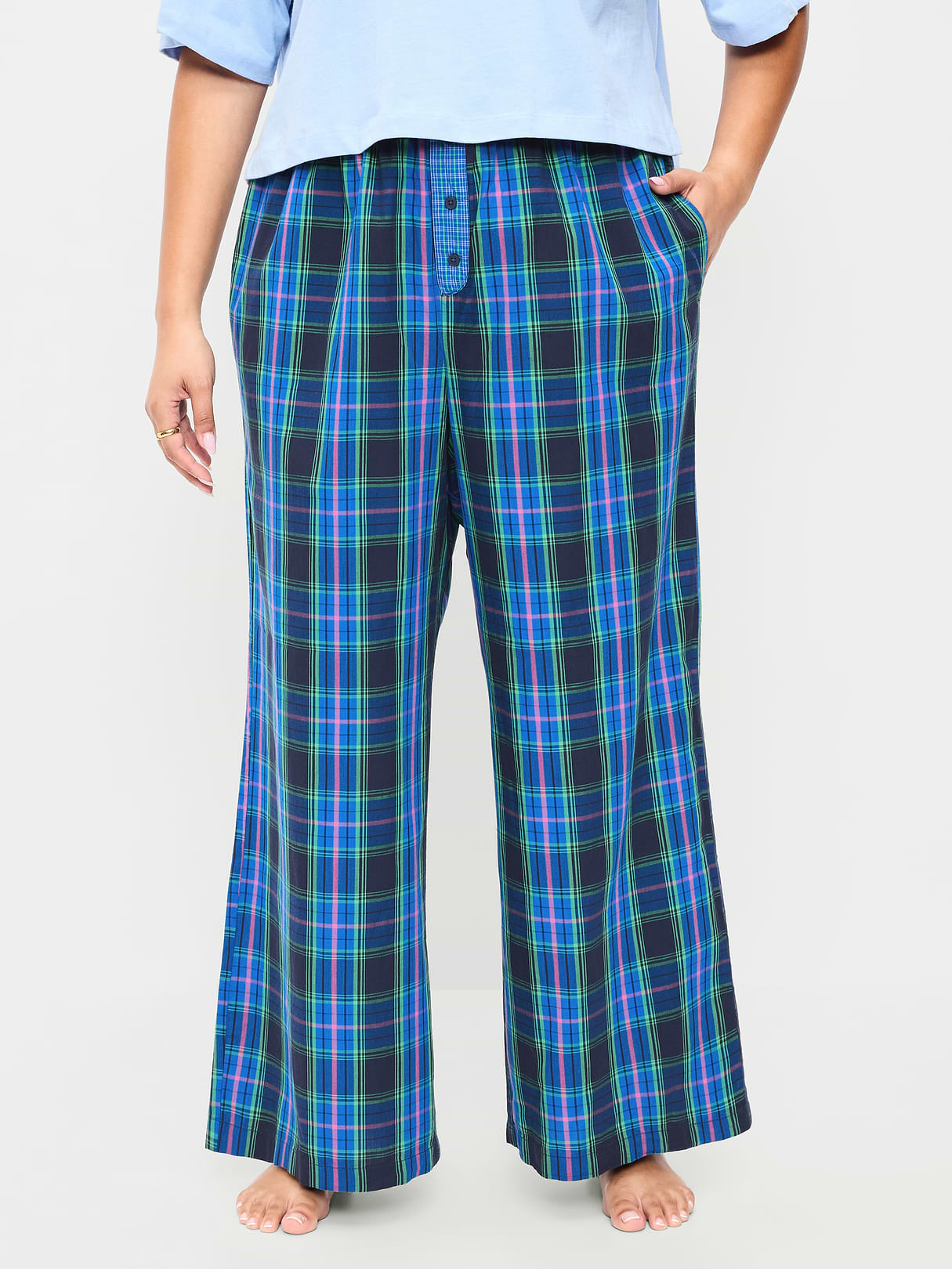Poplin Wide-Leg Pajama Pants - Blue Plaid
