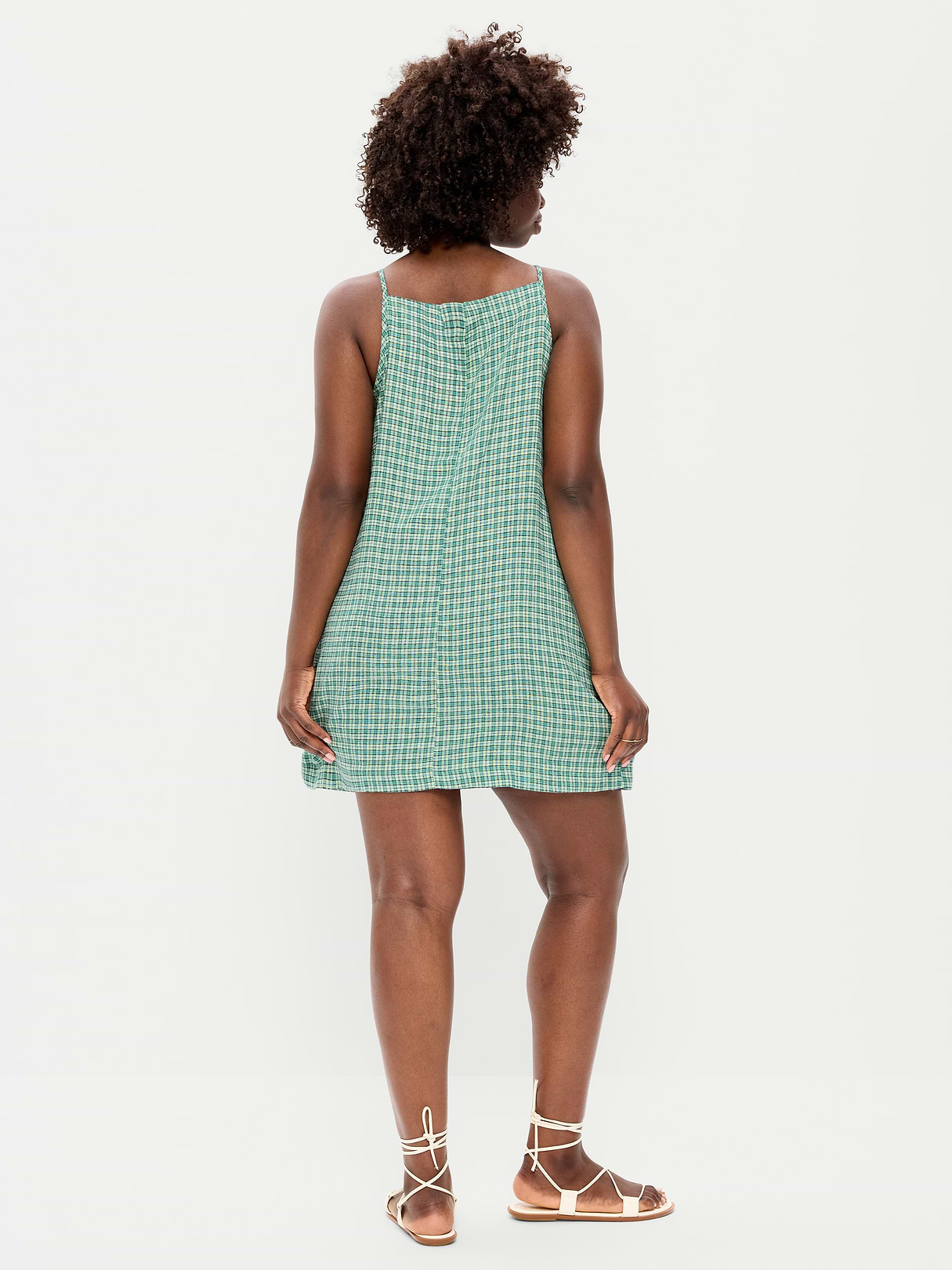 Linen-Blend Apron-Neck Mini Shift Dress - Green Plaid