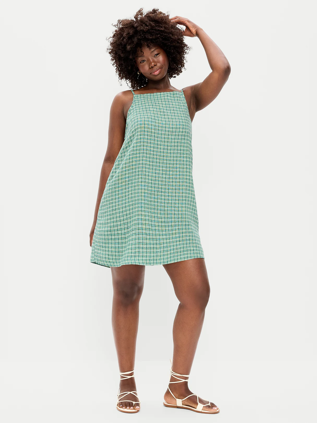Linen-Blend Apron-Neck Mini Shift Dress - Green Plaid